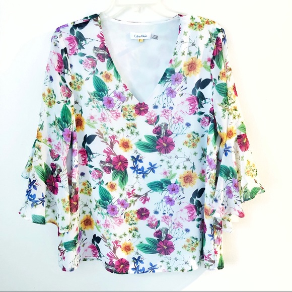 Calvin Klein Tops - CALVIN KLEIN CHIFFON FLORAL SPRING BLOUSE TOP SZ M